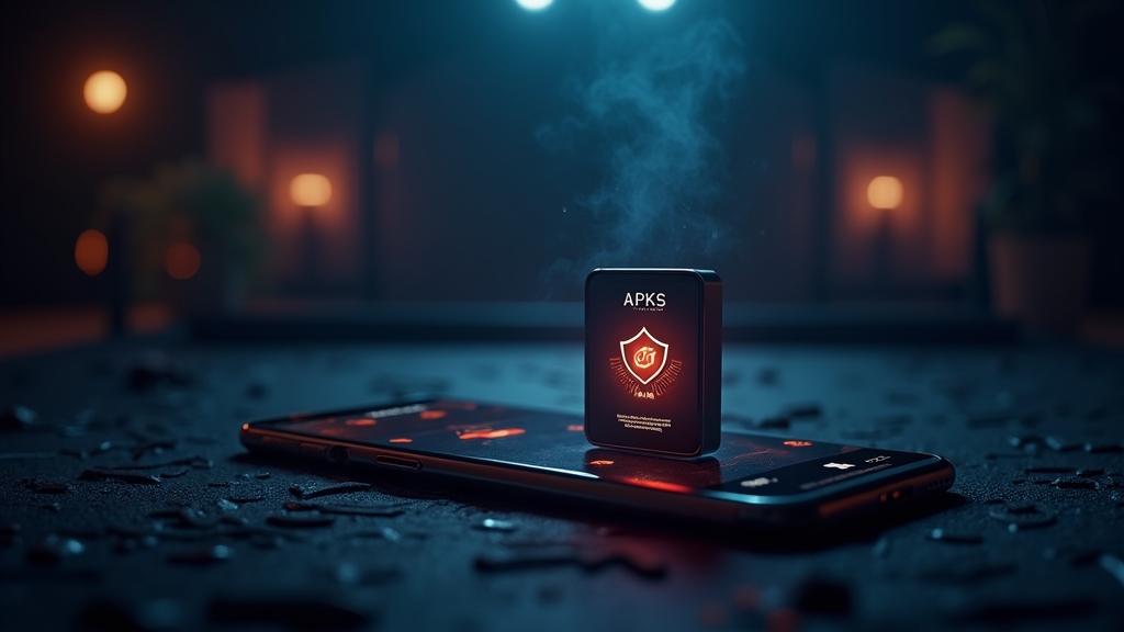 Smartphone mit APK-Datei und Sicherheits-Icons vor dunklem Casino-Hintergrund