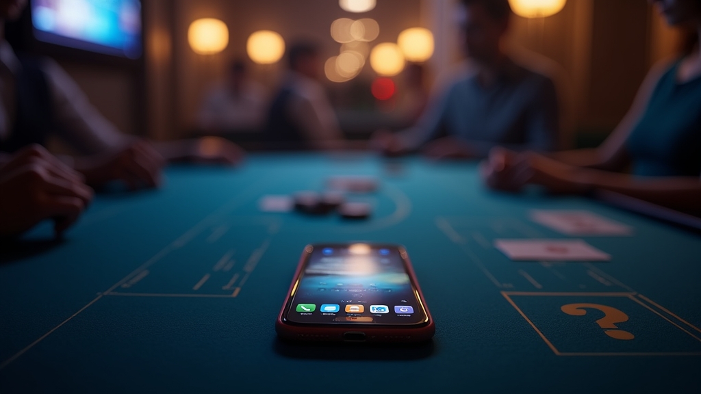 Fragezeichen über Smartphone vor dunklem Casino-Hintergrund