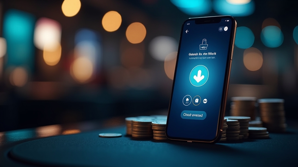 Smartphone mit Downloadansicht für Android und iPhone im Casino-Look